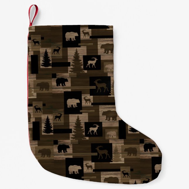 Petite Chaussette De Noël Bas en bois de vacances d'orignaux rustiques (Devant)