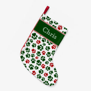 Petite Chaussette De Noël Bas rouge, blanc, et vert d'empreinte de patte