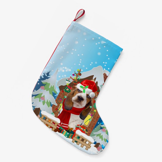 Petite Chaussette De Noël Basset Hound chien avec cadeaux de Noël (Devant (Accrochage))