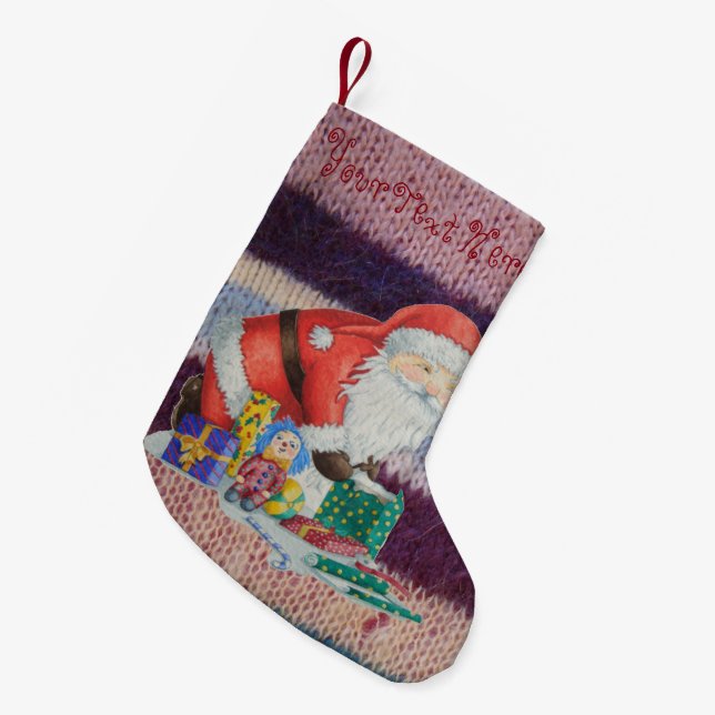 Petite Chaussette De Noël Beau père Noël enveloppant cadeaux tricotés (Devant (Accrochage))