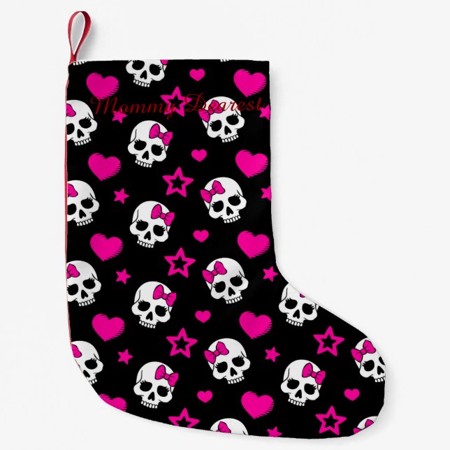 Petite Chaussette De Noël Beaux crânes de Goth dans le rose lumineux (Devant)