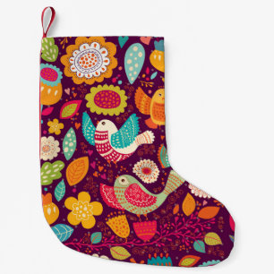 Petite Chaussette De Noël Beaux oiseaux, fleurs, affiche artistique