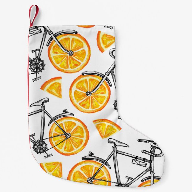 Petite Chaussette De Noël Beaux vélos avec roues orange. Main d'aquarelle  (Devant)