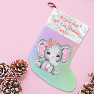 Petite Chaussette De Noël Bébé 1er éléphant rose de Noël