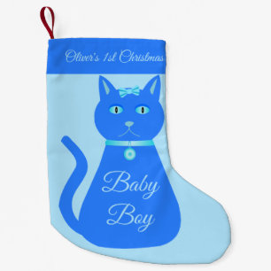 Petite Chaussette De Noël Bébé Bleu mignon chat Personnalisé Premier Noël