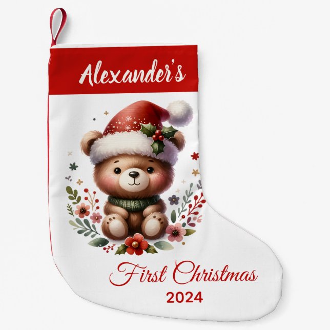 Petite Chaussette De Noël Bébé premier Noël mignon Ours personnalisé (Devant)