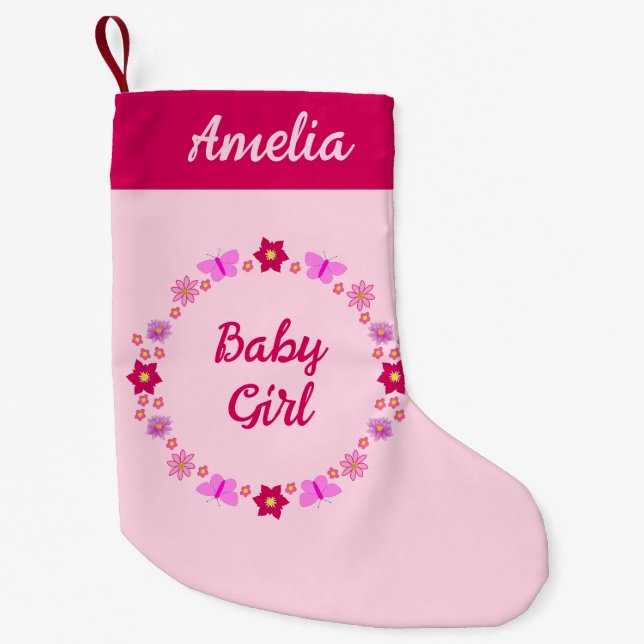 Petite Chaussette De Noël Bébé rose Papillons et fleurs Nom personnalisé (Devant)