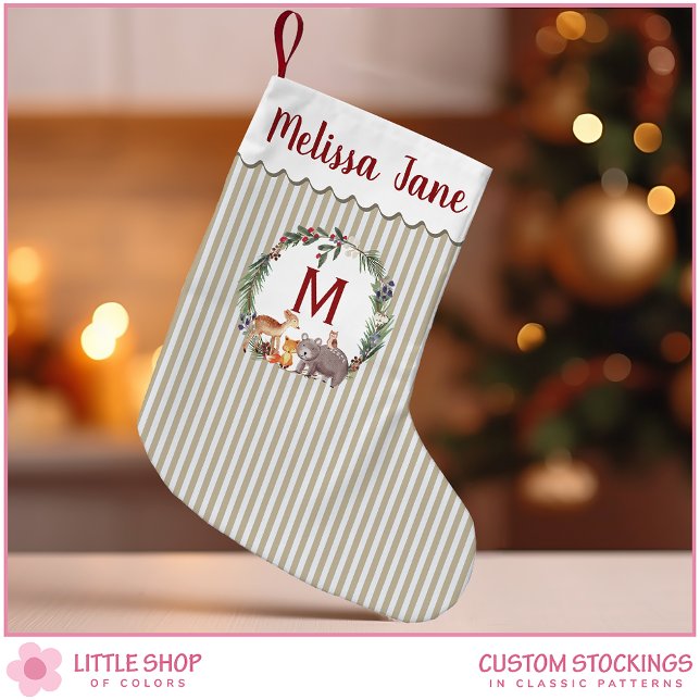 Petite Chaussette De Noël Béges Grandes Bois Animaux Monogramme (Créateur téléchargé)