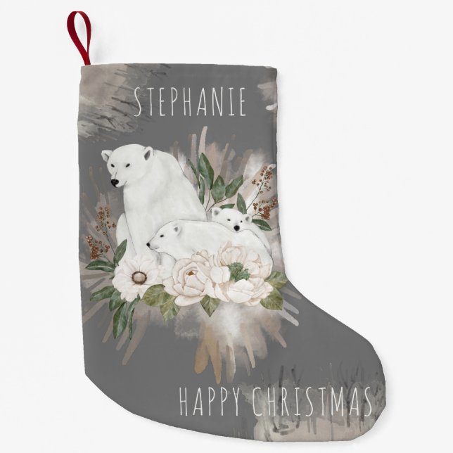 Petite Chaussette De Noël Belle Ours gris polaire Joyeux Nom de Noël (Devant)