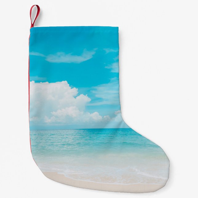 Petite Chaussette De Noël Belle plage tropicale avec ciel bleu et c blanc (Devant)