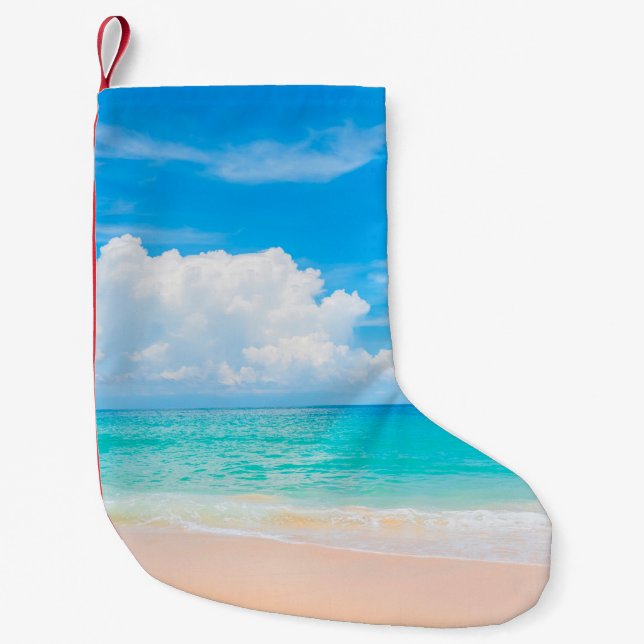 Petite Chaussette De Noël Belle plage tropicale avec ciel bleu et c blanc (Devant)