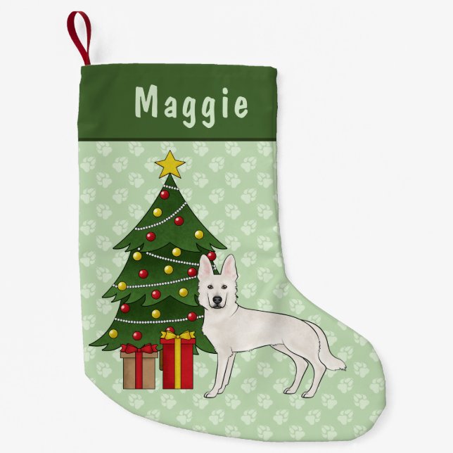 Petite Chaussette De Noël Berger suisse blanc mignon chien vert arbre de Noë (Devant)