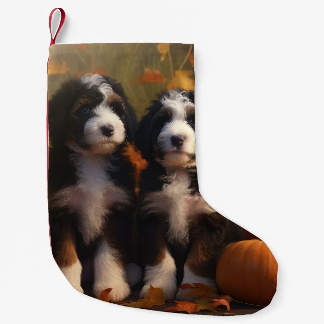 Petite Chaussette De Noël Bernedoodle Chiot Automne Citrouille de plaisir (Devant)
