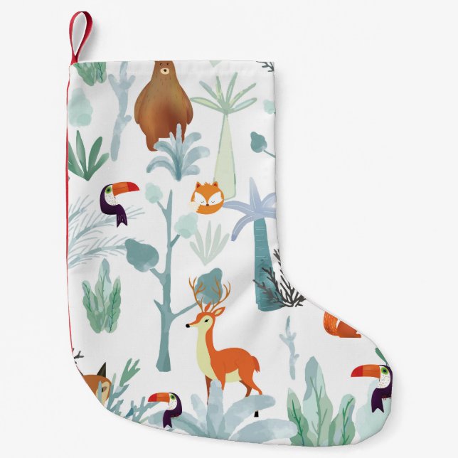Petite Chaussette De Noël Bêtes : gribouillis de forêt tropicale. (Devant)