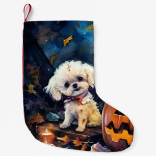 Petite Chaussette De Noël Bichon frisé Halloween avec citrouilles effrayant