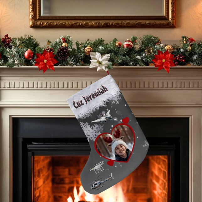 Petite Chaussette De Noël Black Gray Jet Drone Aerial Flight Lovers Photo (Personalized name and photo stocking for kids who like aeronautics with jet, drone, and helicopter)