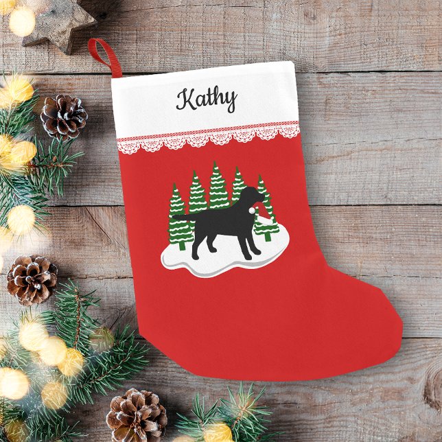 Petite Chaussette De Noël Black Labrador Noël Arbres À feuillage persistant (Personalized Black Labrador Christmas Evergreen Trees Design Christmas Stocking for Labrador Owners.)