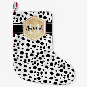 Petite Chaussette De Noël Black White Spots Motif Gold Monogramme