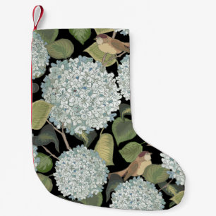 Petite Chaussette De Noël Blanc, bleu clair Hortensia avec feuilles verts et
