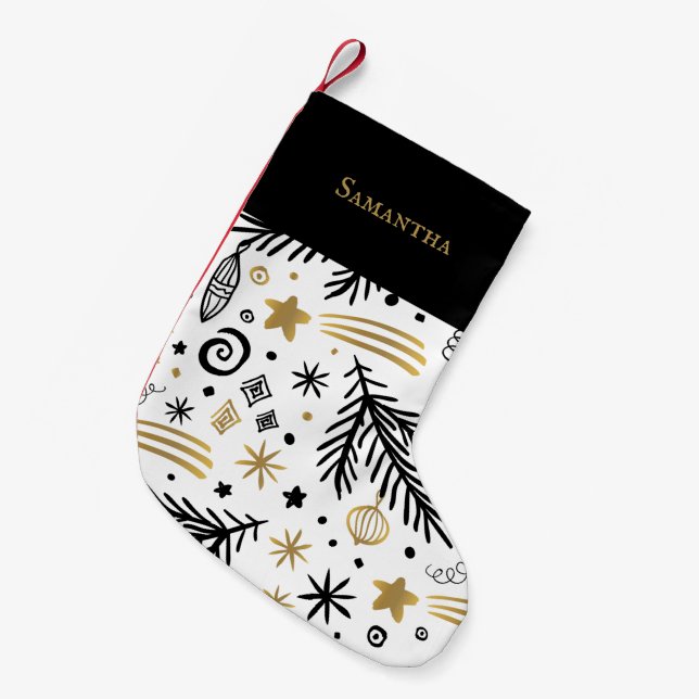 Petite Chaussette De Noël Blanc noir pin doodle d'or noir avec nom festif (Devant (Accrochage))