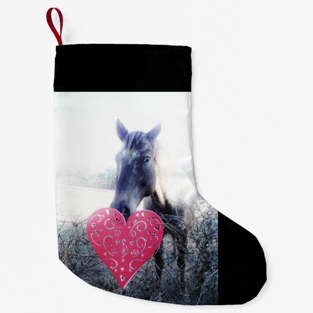 Petite Chaussette De Noël blanc rose noir / cheval & coeur Noël Cheval (Devant)