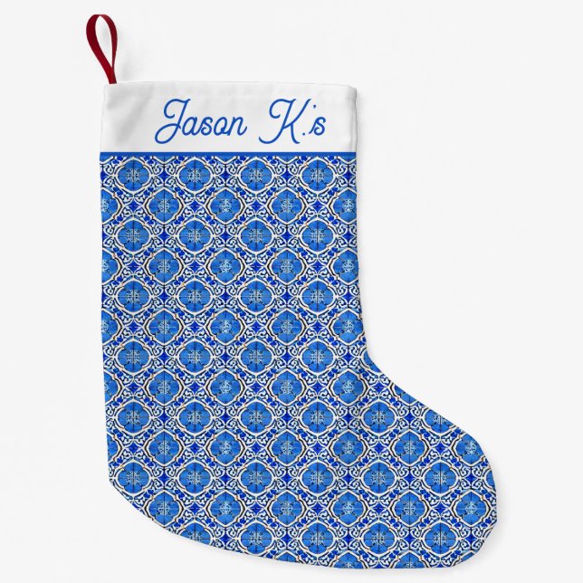 Petite Chaussette De Noël Bleu blanc motif fleuri style méditerranéen (Devant)