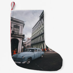 Petite Chaussette De Noël Bleu Classic Vintage Car Cityscape