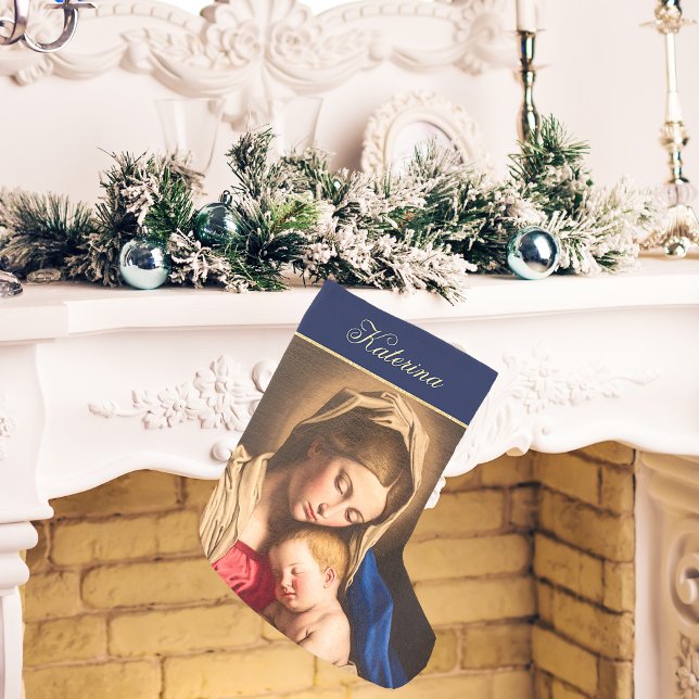 Petite Chaussette De Noël Bleu & Or Vierge et Enfant Religieux Catholique (Religious Christmas stocking with Madonna and Child in navy blue and gold)