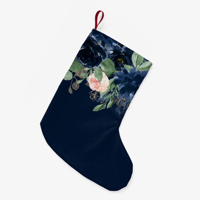 Petite Chaussette De Noël Blooms Chics | Floral bleu marine foncé et rose pâ (Devant (Accrochage))