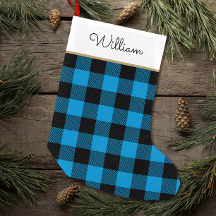 Petite Chaussette De Noël Blue Buffalo Plaid Nom personnalisé Rustique