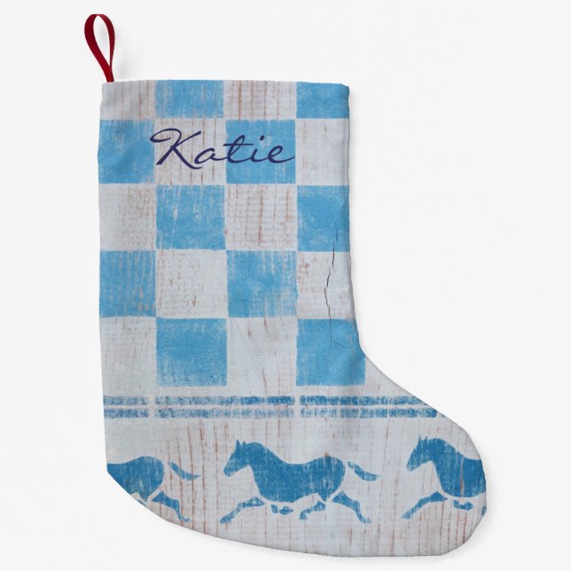 Petite Chaussette De Noël Blue checkerboard horses (Devant)