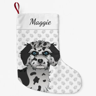 Petite Chaussette De Noël Blue Merle Mini Goldendoodle Chien Tête & Nom