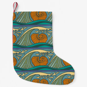 Petite Chaussette De Noël Blue Ocean Waves Nautilus Seashell Motif Nouveau