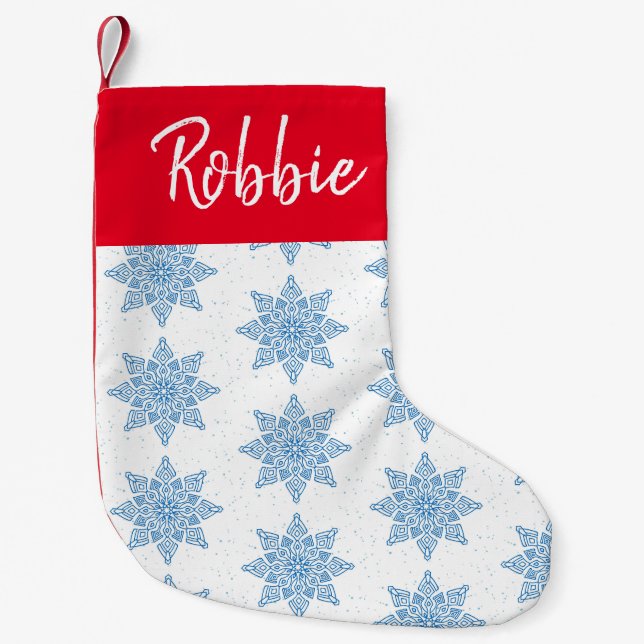 Petite Chaussette De Noël Blue Snowflakes Custom Name Christmas Stocking (Devant)