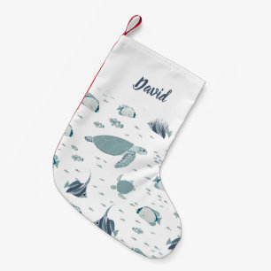 Petite Chaussette De Noël Blue White Ocean Theme Tortues et Poissons