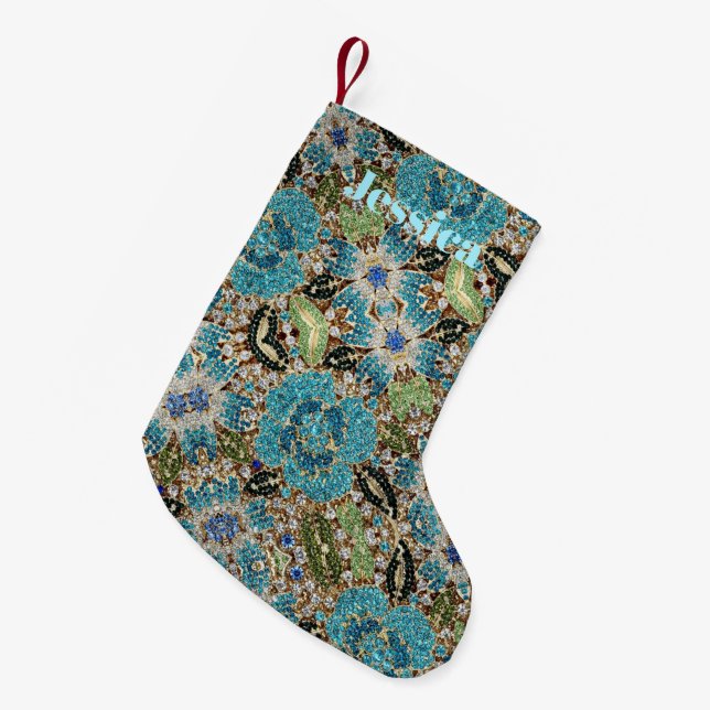 Petite Chaussette De Noël bohème girly chic argent turquoise fleur bleu (Devant (Accrochage))