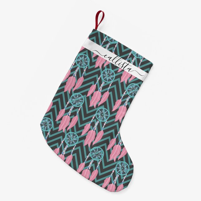 Petite Chaussette De Noël Bohème Turquoise Dreamcatcher Chevron Motif (Devant (Accrochage))