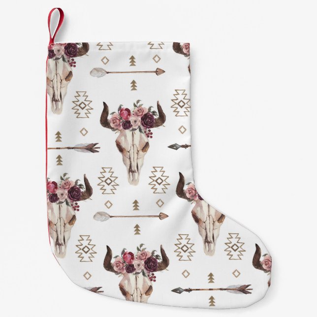 Petite Chaussette De Noël Boho aquarelle : flèches, motif crâne. (Devant)