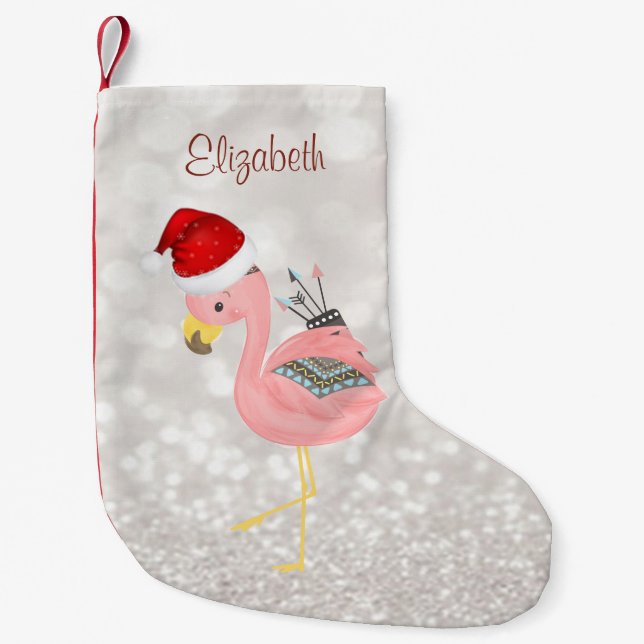 Petite Chaussette De Noël Boho Flamant rose rose avec chapeau de Père Noël,  (Devant)