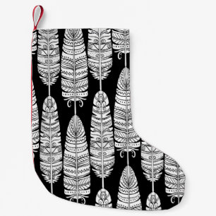 Petite Chaussette De Noël Boho plumes : motif noir et blanc