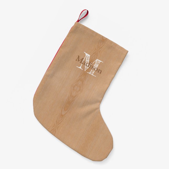 Petite Chaussette De Noël Bois brun clair grain Monogramme personnalisé (Devant (Accrochage))