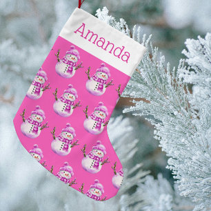 Petite Chaussette De Noël Bonhomme de neige rose et blanc personnalisé pour