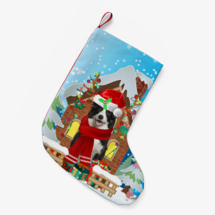 Petite Chaussette De Noël Bordure Collie chien avec cadeaux de Noël