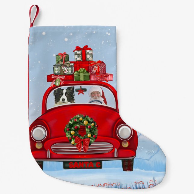 Petite Chaussette De Noël Bordure Collie Chien En Voiture Avec Le Père Noël (Devant)