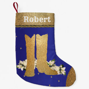 Petite Chaussette De Noël Botte de cowboy Western Gold sur bleu