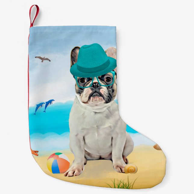 Petite Chaussette De Noël Bouledogue français sur la plage (Devant)