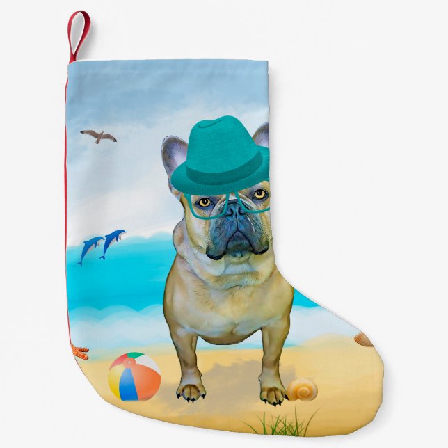 Petite Chaussette De Noël Bouledogue français sur la plage (Devant)