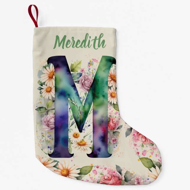 Petite Chaussette De Noël Bouquet floral monogramme d'aquarelle personnalisé (Devant)