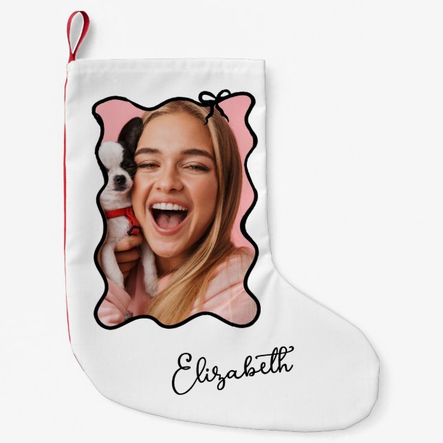 Petite Chaussette De Noël Bow de Noël | Cadre photo noir et blanc avide (Devant)