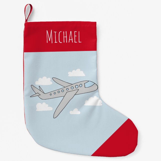 Petite Chaussette De Noël Boys Cute Blue Avion Voyage Design et nom (Devant)
